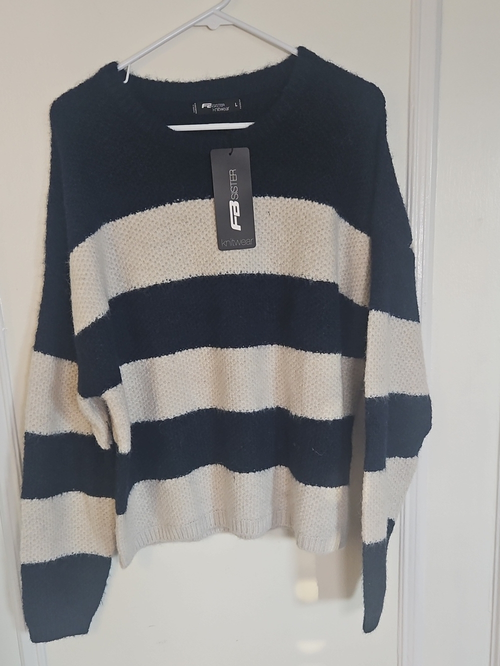 F8Sister Women's Navy and Cream Striped Crewneck Sweater